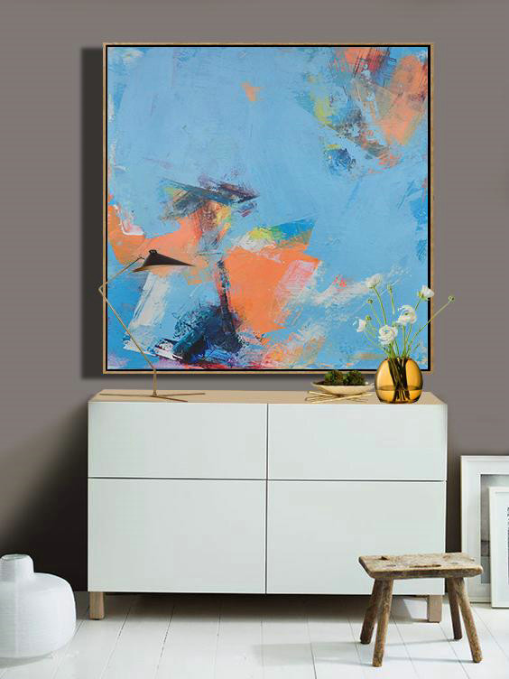 Large Abstract Art,Palette Knife Contemporary Art Canvas Painting,Oversized Wall Decor,Sky Blue,Orange,Yellow,White.etc